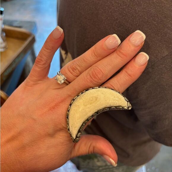 Jennifer Ponson Wanderlust Carved Bone and Silver Crescent Moon Ring - Picture 4 of 4